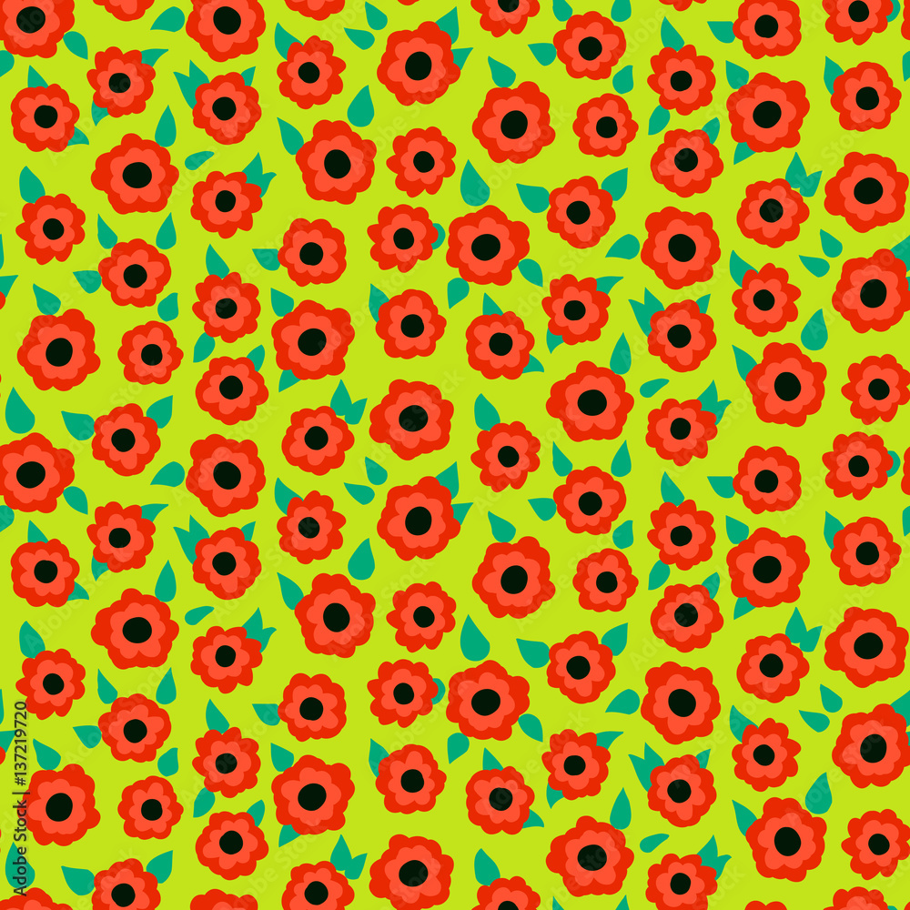 Naklejka premium Ditsy floral pattern with small red roses on green