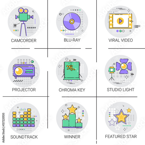 Movie Projector Film Cinema Production Technology Icon Set Studio Light Soundtrack Collection Vector Illustration