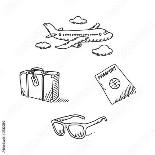 Hand drawn doodle travel symbols set. Vector illustration.