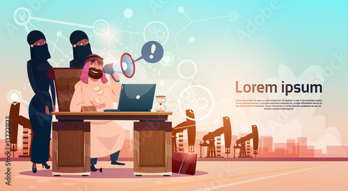 Arab Business Man Working WIth Laptop Computer Pumpjack Oil Rig Crane Platform Background Wealth Concept Flat Vector Illustration