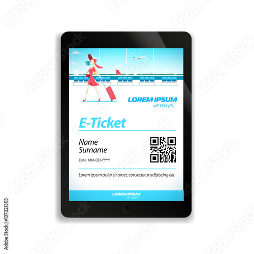 Electronic ticket for the flight on the screen of the tablet pc