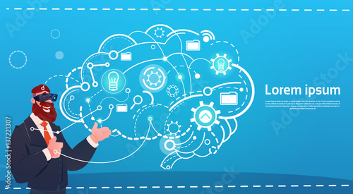 Business Man Wear Digital Reality Glasses Brainstorming Briefing Idea Creative Concept Flat Vector Illustration