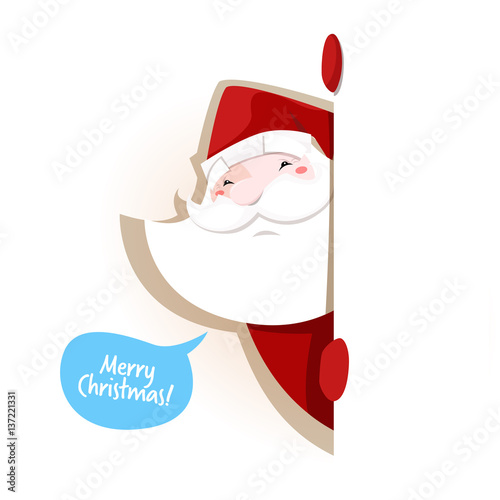 Stock vector illustration of Santa Claus looks out from behind a wall