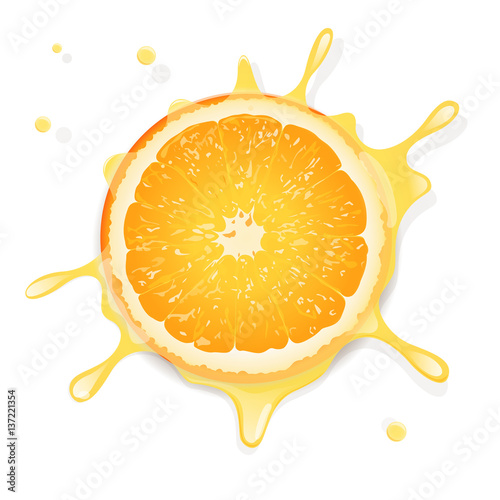 Splash of orange juice over the cut surface of the orange on white background