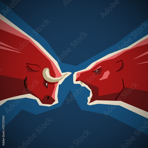 Stock market illustration - bull and bear opposition concept on deep blue background