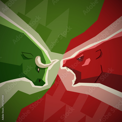 Stock market illustration - green bull and red bear opposition concept on background with up and down arrows