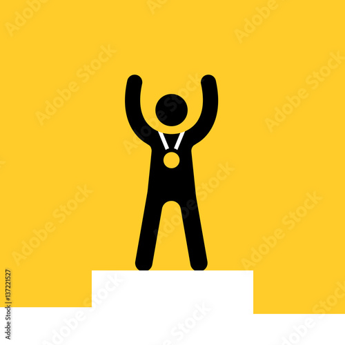 Winner of the competition - black, white and yellow vector illustration. The athlete with the gold medal stands on the podium.