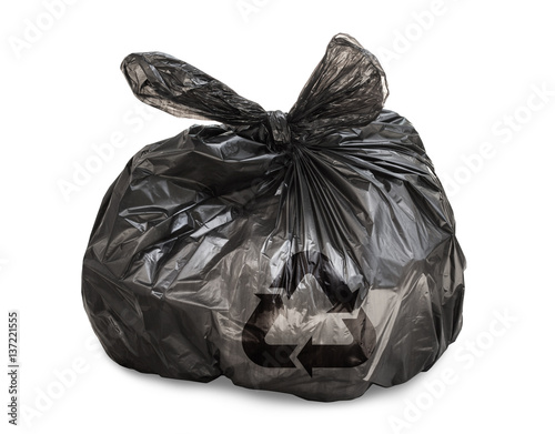 Black tied garbage bag with recycle symbol on white