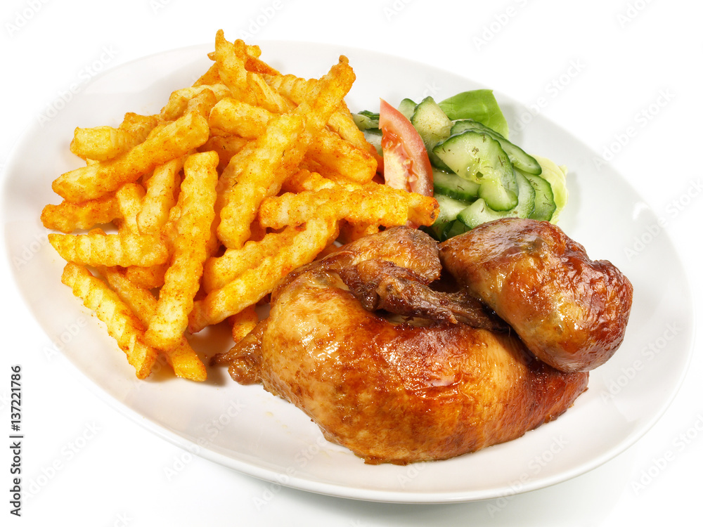 Halbes Hähnchen mit Pommes Frites StockFoto Adobe Stock