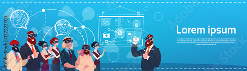Business People Group Wear Virtual Reality Glasses Digital Interface Screen Presentation Seminar Flat Vector Illustration