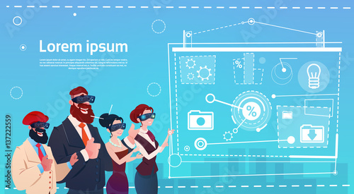 Business People Group Wear Virtual Reality Glasses Digital Interface Screen Presentation Seminar Flat Vector Illustration