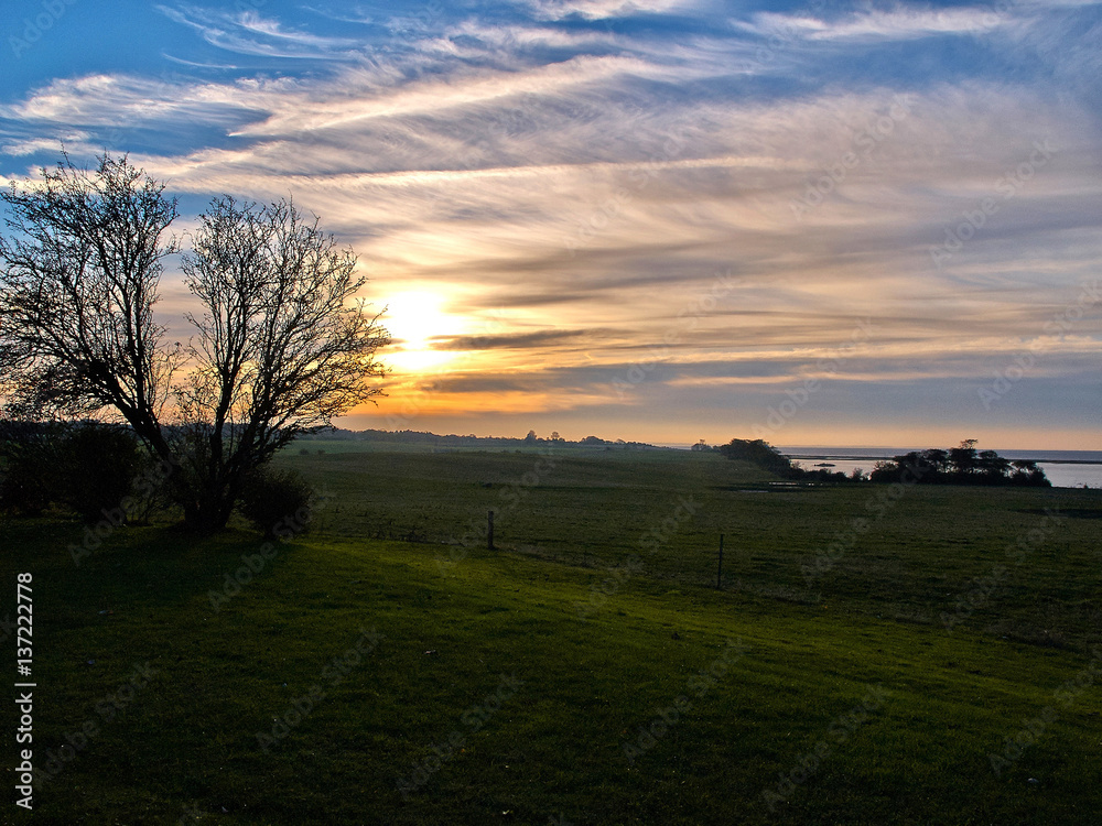 Fototapeta premium Landscape of green fields and a dramatic sunset