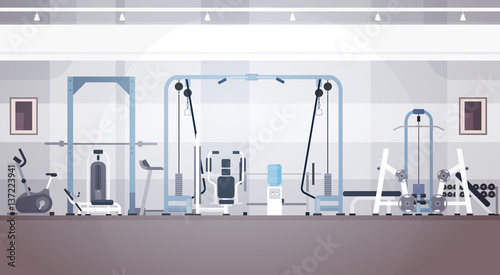 Sport Gym Interior Workout Equipment Copy Space Flat Vector Illustration