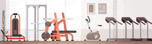 Sport Gym Interior Workout Equipment Copy Space Flat Vector Illustration