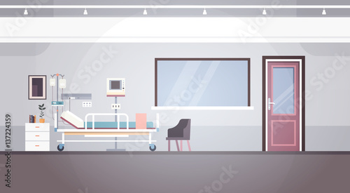 Hospital Room Interior Intensive Therapy Patient Ward Banner With Copy Space Flat Vector Illustration
