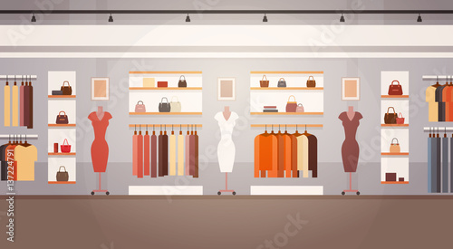 Big Fashion Shop Super Market Female Clothes Shopping Mall Interior Banner With Copy Space Flat Vector Illustration