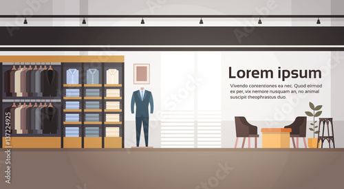 Big Fashion Shop Super Market Male Clothes Shopping Mall Interior Banner With Copy Space Flat Vector Illustration