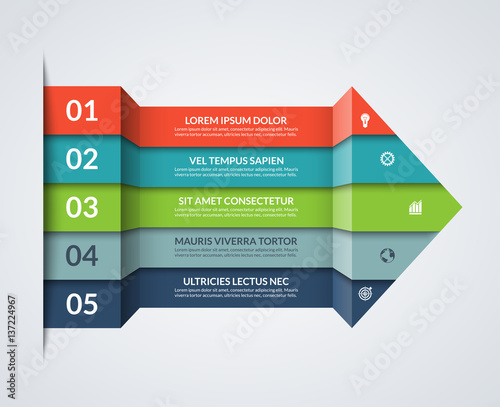 Modern minimalistic infographics. Big paper arrow of 5 colored horizontal strips. Can be used for graph, chart, step options, web design. Vector layout template