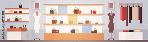 Big Fashion Shop Super Market Female Clothes Shopping Mall Interior Banner With Copy Space Flat Vector Illustration