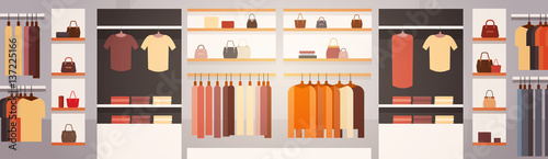 Big Fashion Shop Super Market Female Clothes Shopping Mall Interior Banner With Copy Space Flat Vector Illustration