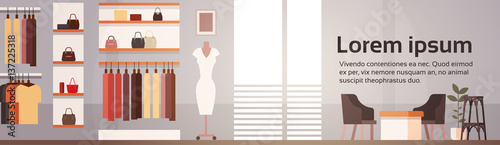 Big Fashion Shop Super Market Female Clothes Shopping Mall Interior Banner With Copy Space Flat Vector Illustration