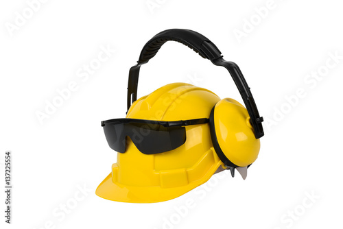 Hard hat, goggles and ear muffs isolated