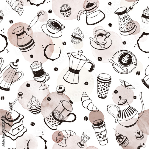 Coffee time seamless pattern with watercolor spots on white background. Hand drawn illustration with coffee pots, cups and sweets.