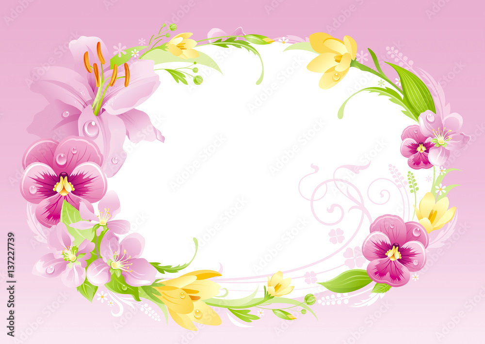 Spring summer background. Easter, Mothers day, Birthday, Wedding invitation. Flower frame lily, pansy, crocus, cherry. Isolated wreath. Nature border, vector illustration. Greeting card text lettering