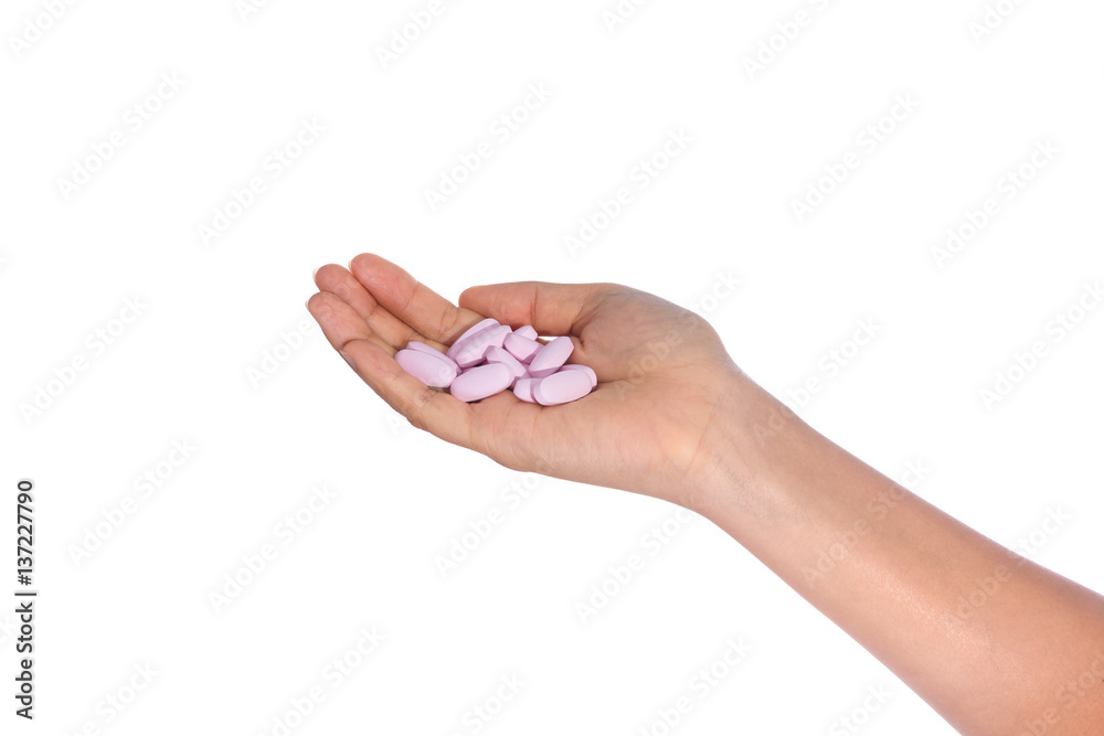 Medical pills on open hand isolated Medical pills on open hand isolated