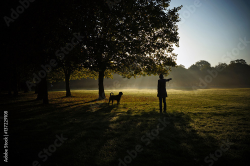 Silhouette of young woman and her dog. Woman walking with a dog in the park. 