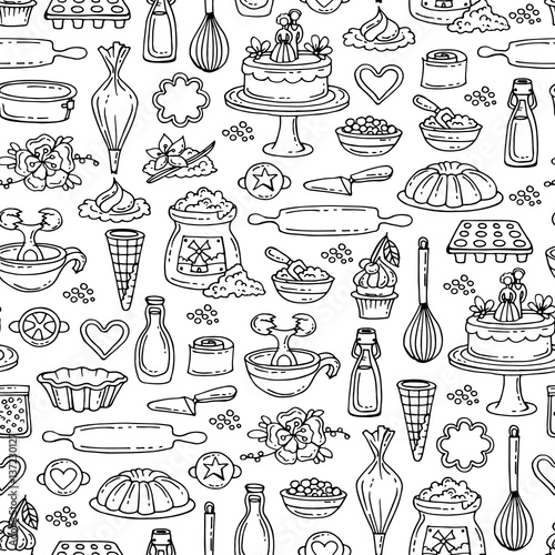 Vector seamless pattern with hand drawn cakes on white color. Pattern on the theme of food and kitchen