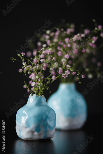 two blue ceramic vase with pink gypsophila on a black background