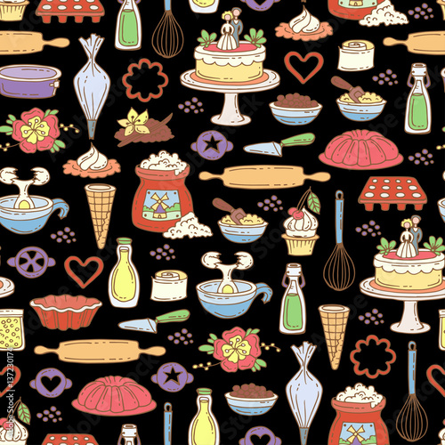 Vector seamless pattern with hand drawn colored cakes on black color. Pattern on the theme of food and kitchen