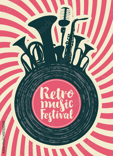 Plakat plakat na festiwal muzyki retro z płytą winylową, instrumentami dętymi i mikrofonem