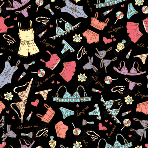 Vector seamless pattern with hand drawn colored lingerie on black color. Pattern on the theme of fashion and beauty