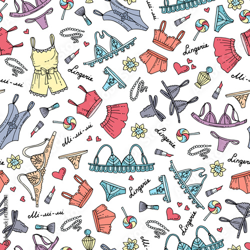 Vector seamless pattern with hand drawn colored lingerie. Pattern on the theme of fashion and beauty