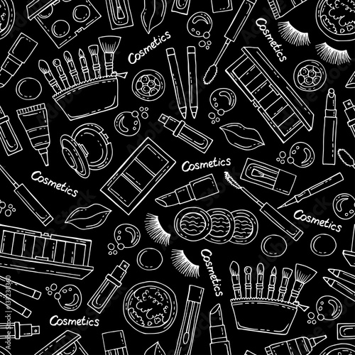 Vector seamless pattern with hand drawn isolated cosmetics on black color. Pattern on the theme of fashion and beauty