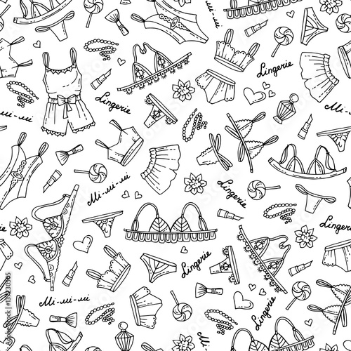 Vector seamless pattern with hand drawn isolated lingerie on white color. Pattern on the theme of fashion and beauty