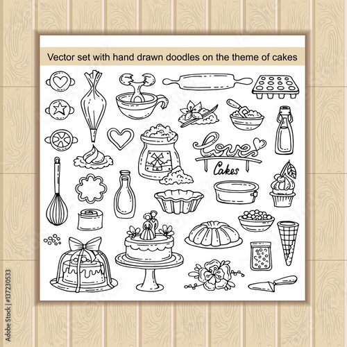 Vector set with hand drawn doodles on the theme of cakes,bakery products, pastries and confectionery