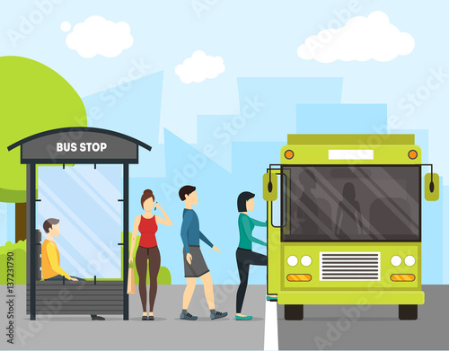 Cartoon Bus Stop with Transport and People. Vector