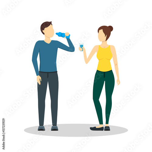 Cartoon Drinking Water Man and Woman. Vector