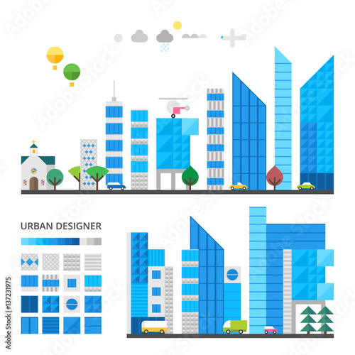 City elements to make your own city. Modern Town. Vector illustration. Flat design.