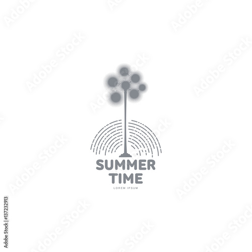 Black white graphic logo template with stylized palm tree over abstract circles, vector illustration isolated on white background. Black white summer time logotype, logo template with tropical palm