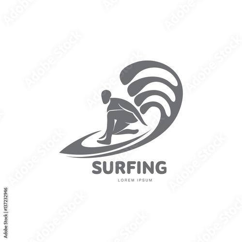 Black and white graphic surfing logo template with surfer silhouette, surfboard and wave, vector illustration isolated on white background. Graphic surfing board logotype, logo design