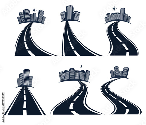 Isolated highway road with dividing marking and cityscape icons collection vector illustration.