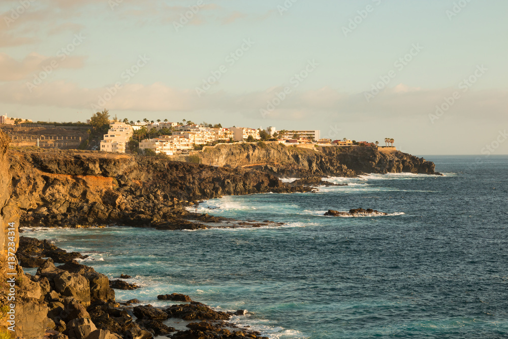 White houses in coast in Adeje at sunset, Tenerife