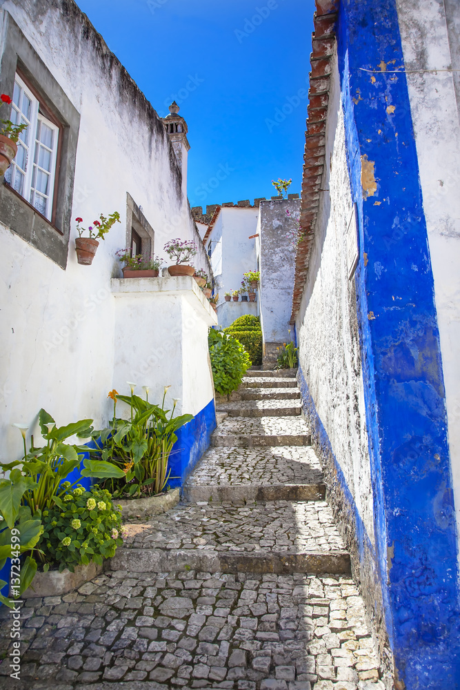 Fototapeta premium Narrow White Blue Street 11th Century Mediieval City Obidos Portugal