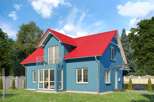 Wallpaper Mural Ein blaues Einfamilienhaus in blühender Natur im Sommer am Tag. Torontodigital.ca