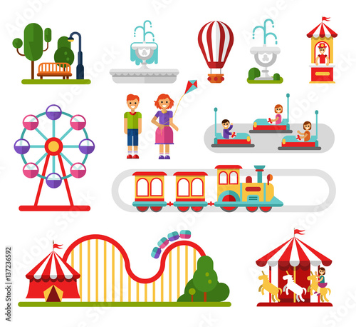Fototapeta Naklejka Na Ścianę i Meble -  Flat design vector icons set of amusement park and attractions elements for infographic map design. Carousel, ferris wheel, roller coaster, train, cars, smiling boy and girl. Rest in the park concept.