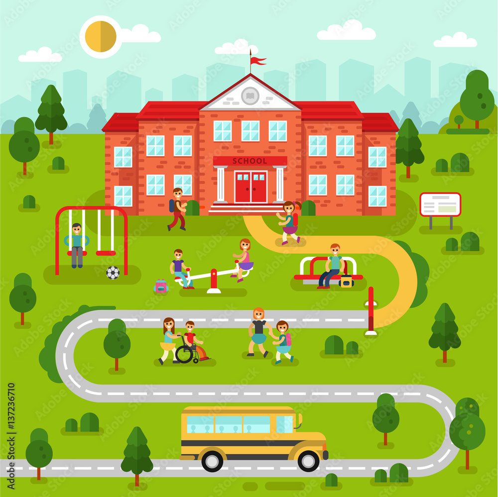 Flat design vector illustration of city map landscape with school building. Bus, playground with playing kids, road, girls and boys with backpacks going to learn. Education concept. The Knowledge day.